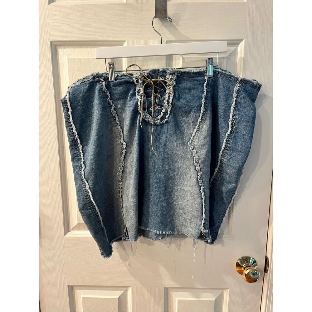 Vintage Wild Z Pieced Raw Edge Lace Up Denim Jean Skirt Boho Festival Retro Sz 2
